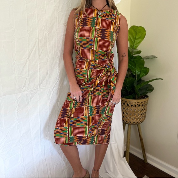 Vintage 90s Abstract Tie Waist Midi Dress - Picture 2 of 7